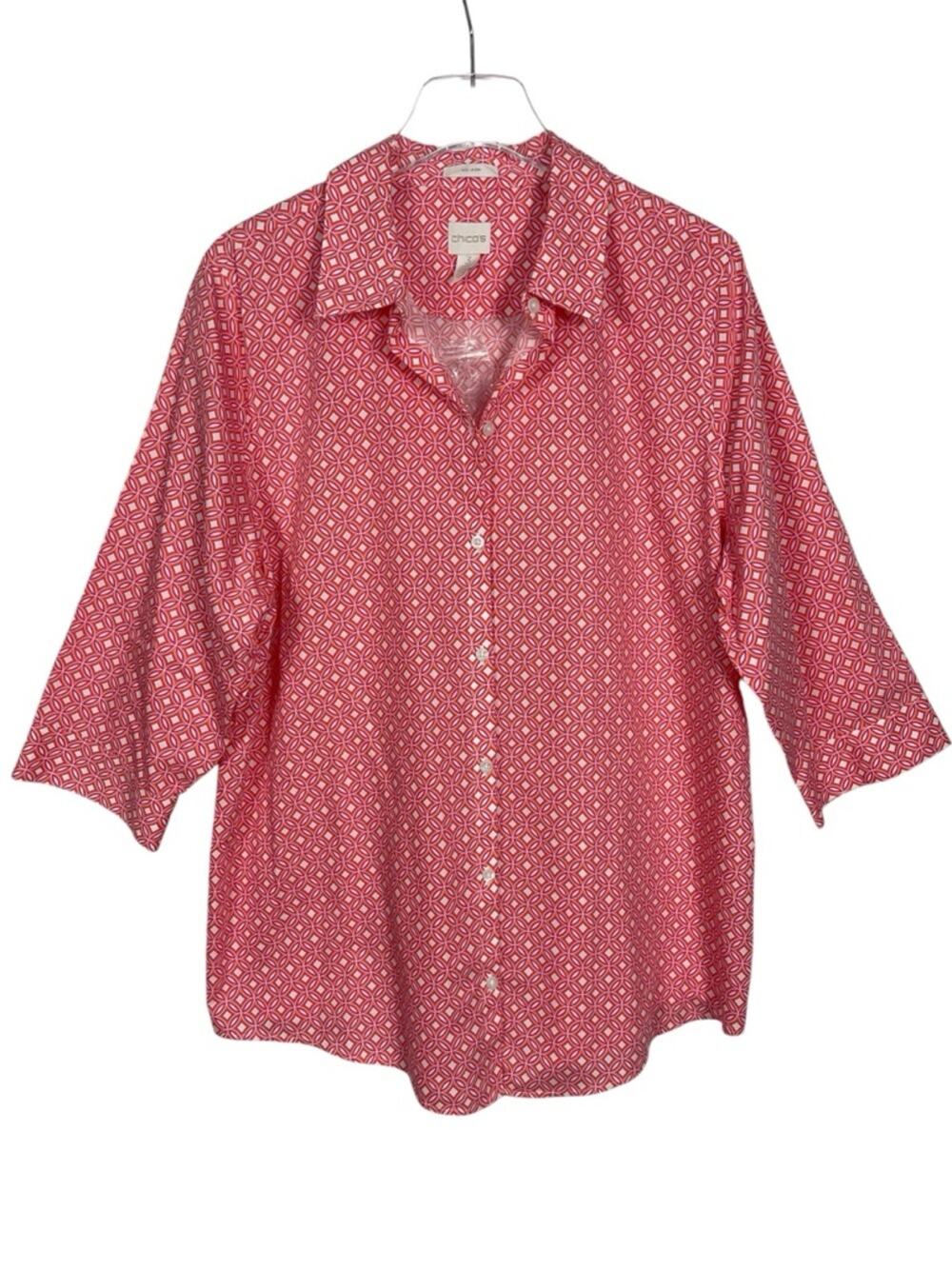 Chico's No Iron Button Up Top Blouse Orange Pink Print 100% Cotton Size XL NWOT